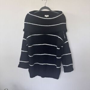 Umgee USA Women's Large Oversized Chunky Black White Striped Cowl Neck Sweater